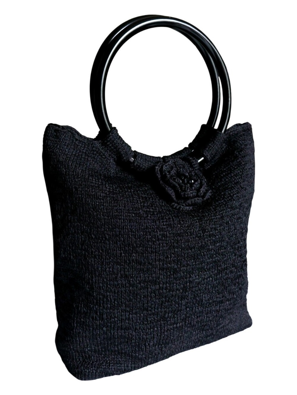Vintage Black Crochet Flower Handbag O-Ring Handle StructuredBade Tote Boho